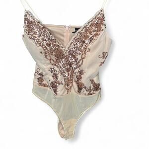 Windsor Rose Gold Sequin Floral Mesh Bodysuit - Size Small